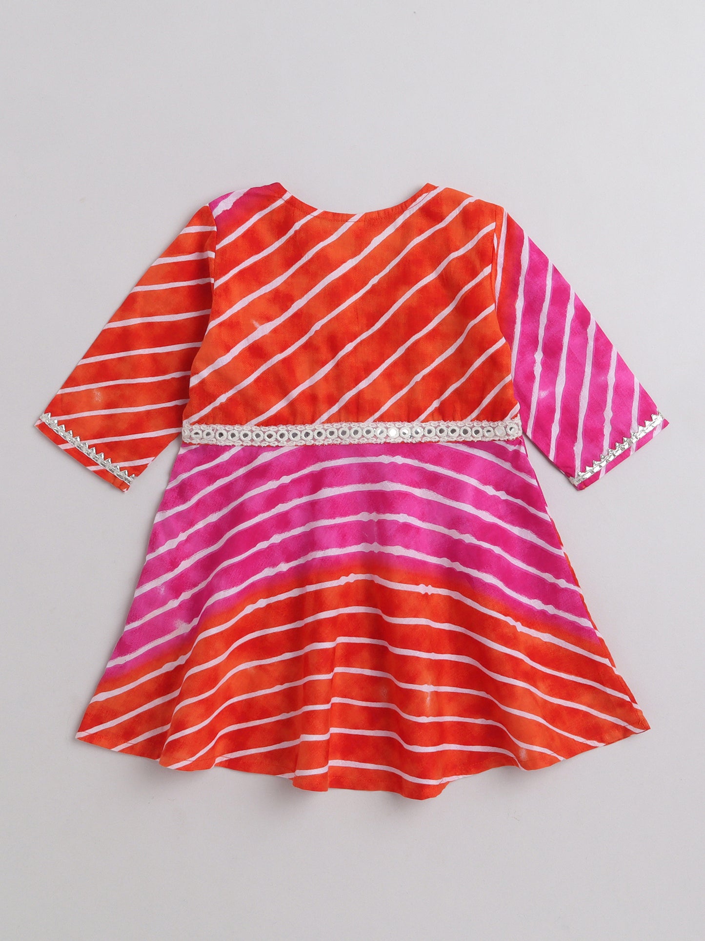 Leheriya Printed 3/4th Sleeves Gota Lace Kurta & Balloon Pant Set -Fuchsia, Orange
