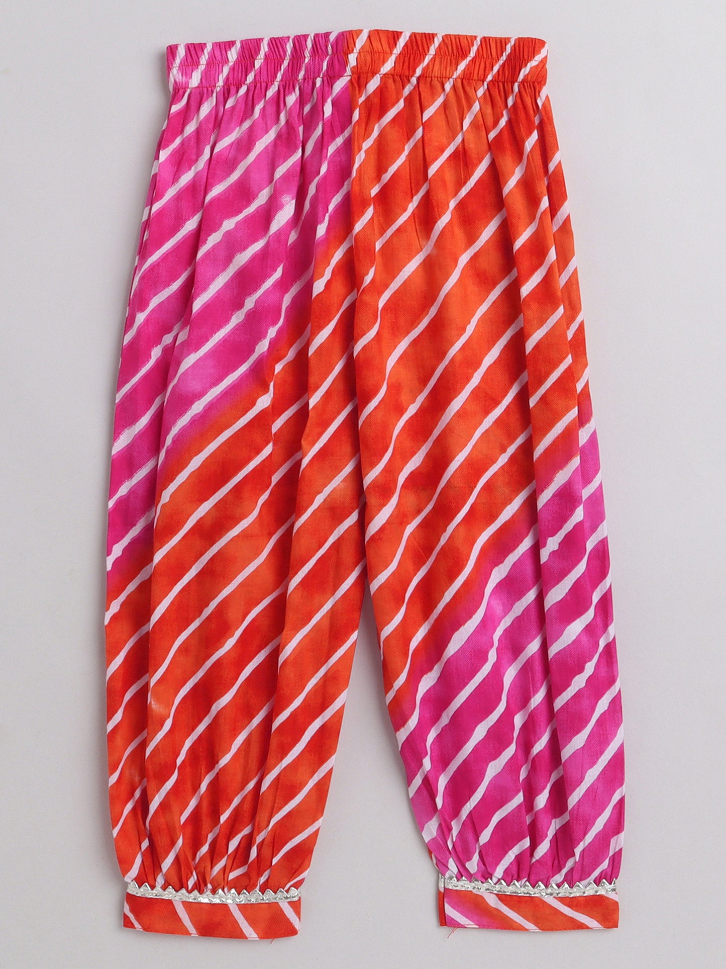 Leheriya Printed 3/4th Sleeves Gota Lace Kurta & Balloon Pant Set -Fuchsia, Orange