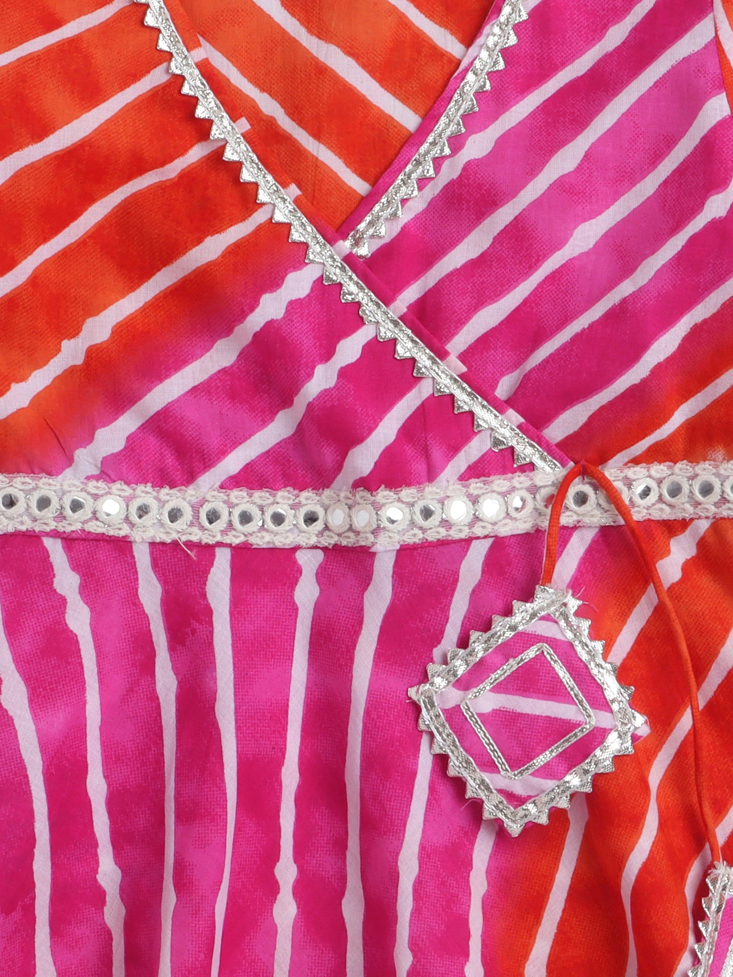 Leheriya Printed 3/4th Sleeves Gota Lace Kurta & Balloon Pant Set -Fuchsia, Orange
