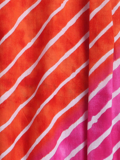 Leheriya Printed 3/4th Sleeves Gota Lace Kurta & Balloon Pant Set -Fuchsia, Orange