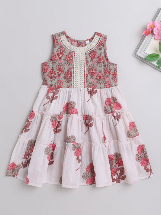 Sleeveless Floral Printed Lace Embelished Dress For Girls-White