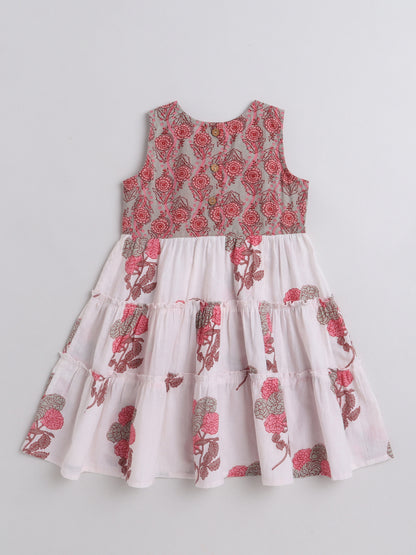 Sleeveless Floral Printed Lace Embelished Dress For Girls-White
