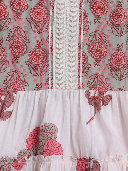 Sleeveless Floral Printed Lace Embelished Dress For Girls-White