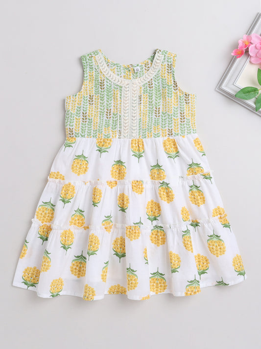 Sleeveless Floral Printed Lace Embelished Dress-Off White
