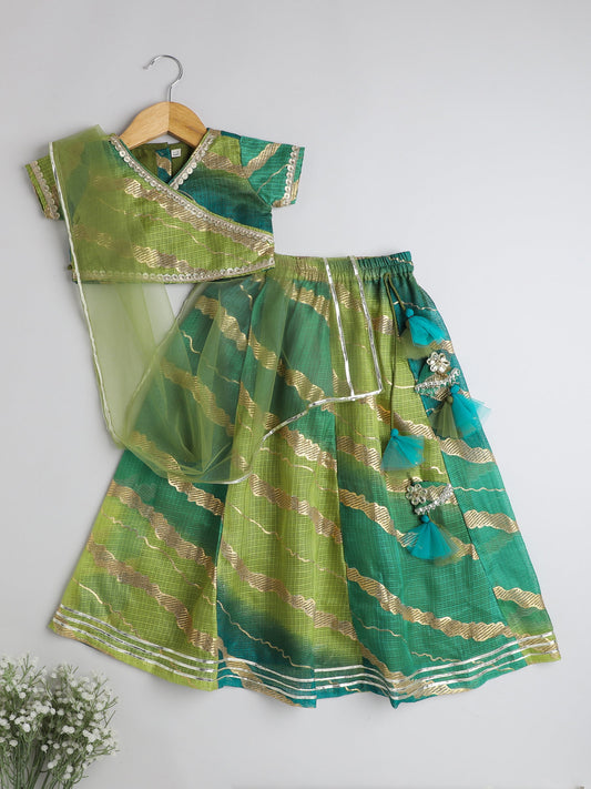 The Magic Wand Kota Doria Lace Embellished Short Sleeves Choli With Lehenga And Dupatta Set For Girls Green