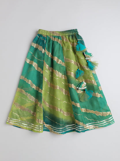 The Magic Wand Kota Doria Lace Embellished Short Sleeves Choli With Lehenga And Dupatta Set For Girls Green