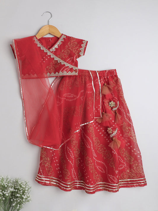 The Magic Wand Kota Doria Lace Embellished Short Sleeves Choli With Lehenga And Dupatta Set For Girls Red