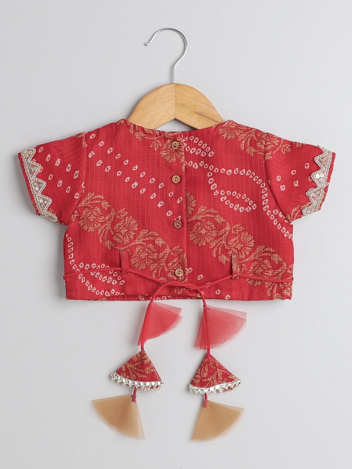 The Magic Wand Kota Doria Lace Embellished Short Sleeves Choli With Lehenga And Dupatta Set For Girls Red