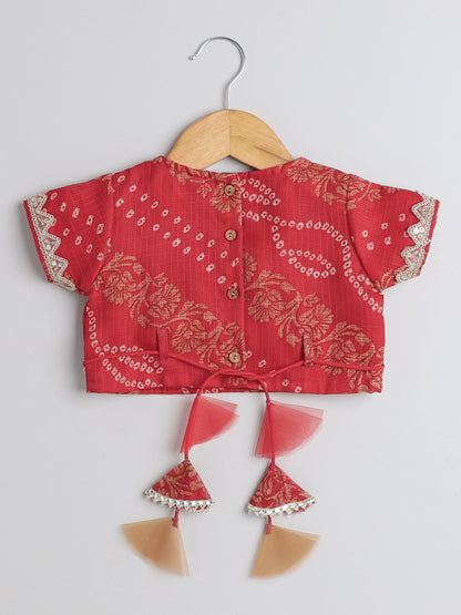 The Magic Wand Kota Doria Lace Embellished Short Sleeves Choli With Lehenga And Dupatta Set For Girls Red