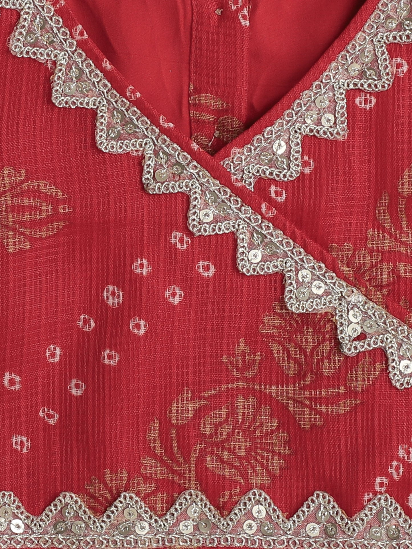 The Magic Wand Kota Doria Lace Embellished Short Sleeves Choli With Lehenga And Dupatta Set For Girls Red