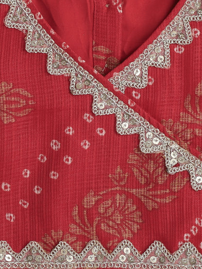 The Magic Wand Kota Doria Lace Embellished Short Sleeves Choli With Lehenga And Dupatta Set For Girls Red