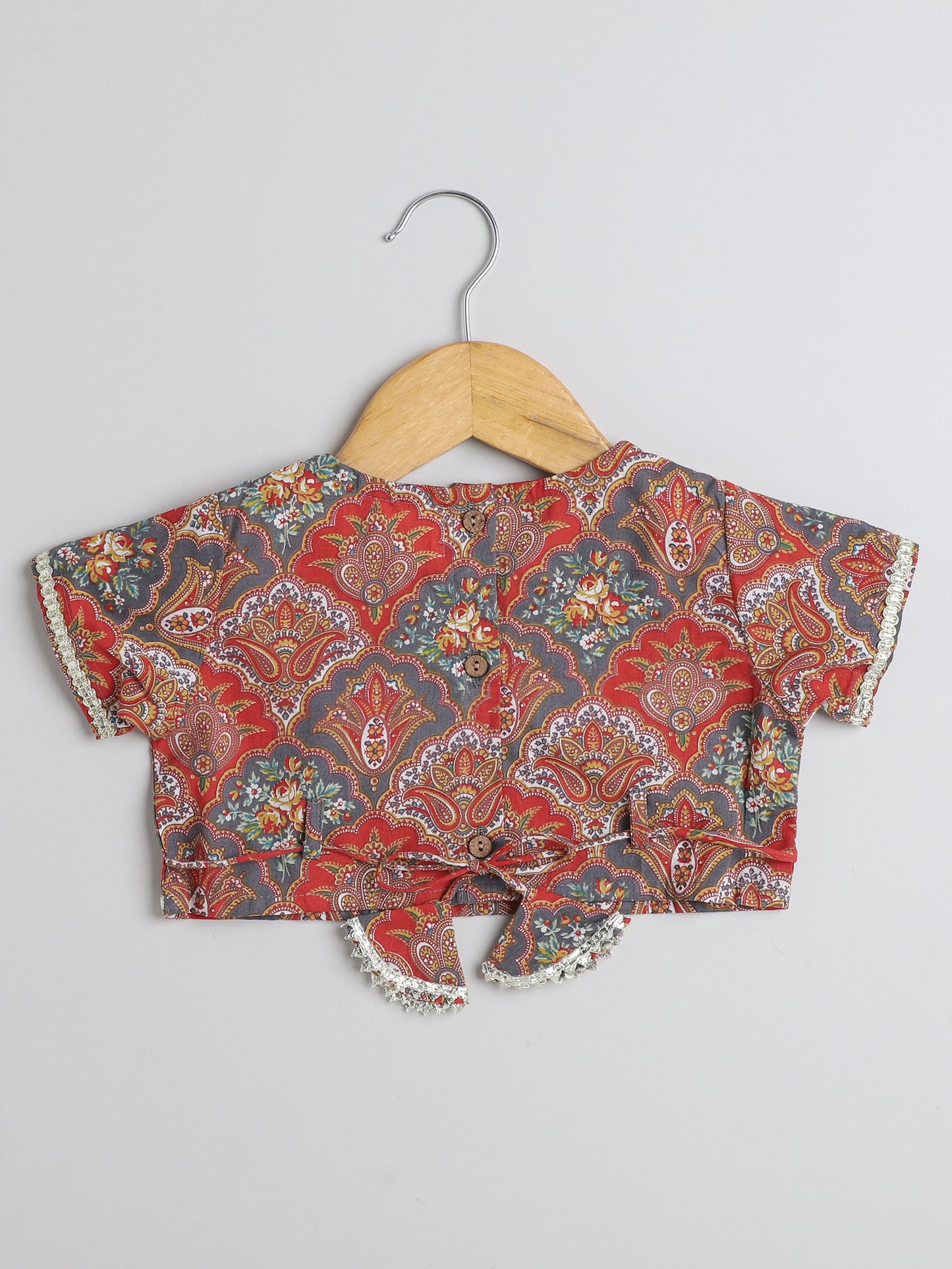 Material- Cotton, Wash Care- Gentle Wash, Package Contain- Printed Lace Embellished Short Sleeves Blouse With Lehenga Set For Girls-Maroon