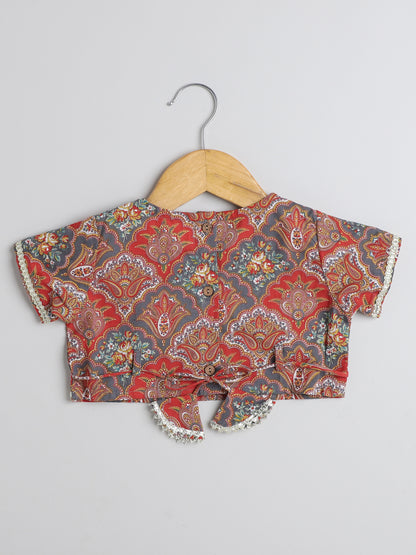 Material- Cotton, Wash Care- Gentle Wash, Package Contain- Printed Lace Embellished Short Sleeves Blouse With Lehenga Set For Girls-Maroon