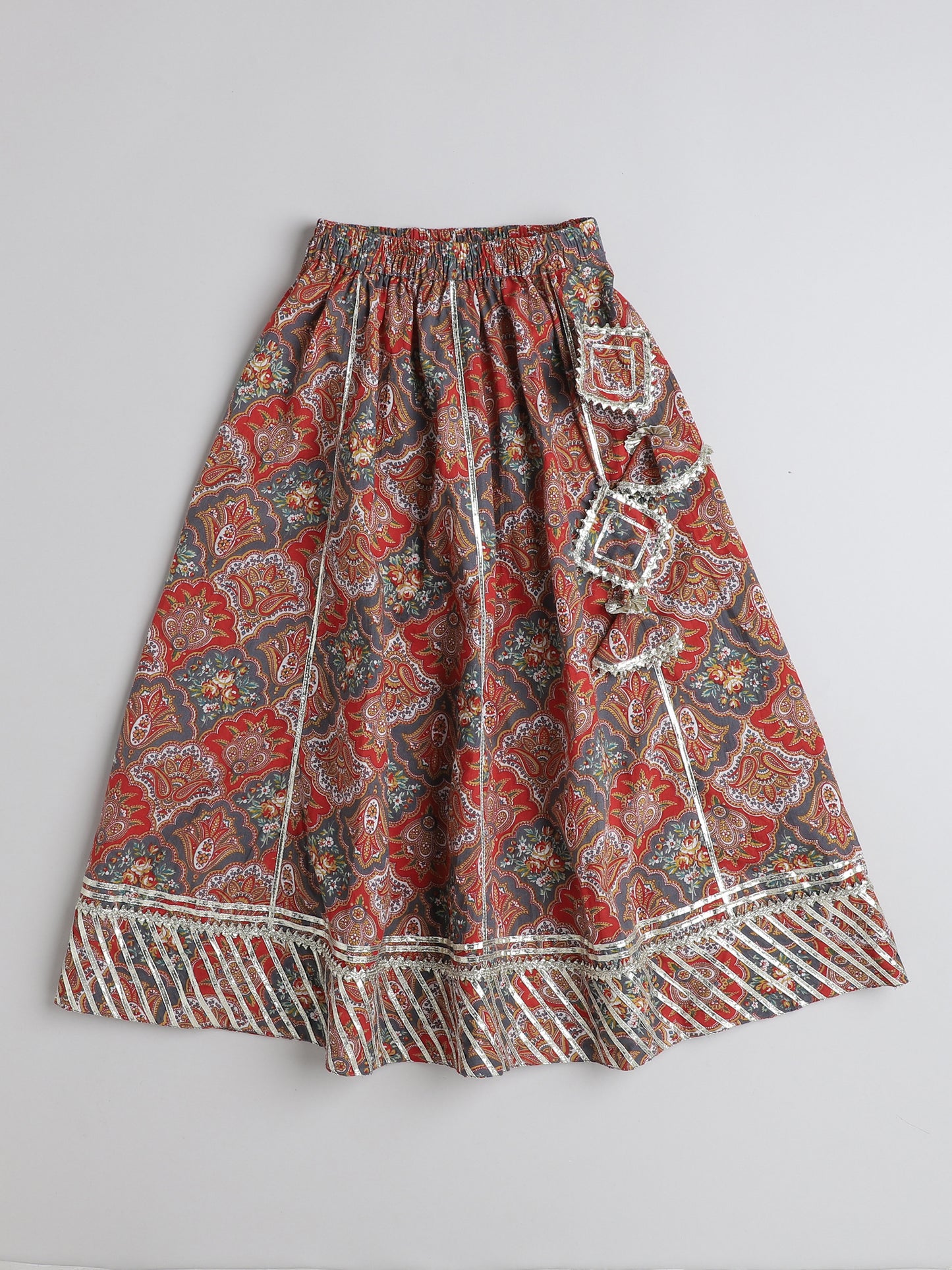 Material- Cotton, Wash Care- Gentle Wash, Package Contain- Printed Lace Embellished Short Sleeves Blouse With Lehenga Set For Girls-Maroon