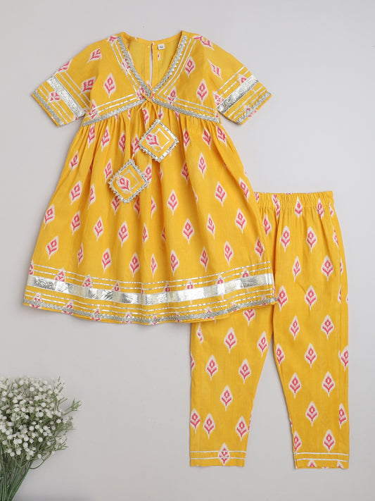 Ikat Printed Short Sleeve Tassled Gathered Aliya Cut Kurta with Straight Pants-Yellow