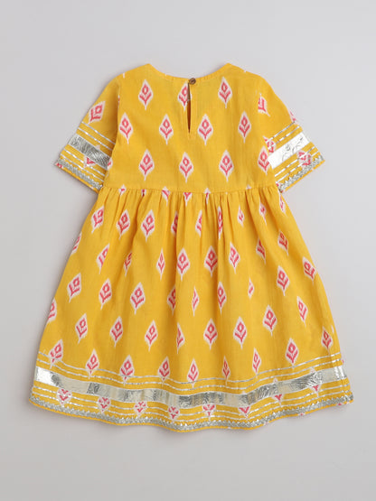 Ikat Printed Short Sleeve Tassled Gathered Aliya Cut Kurta with Straight Pants-Yellow