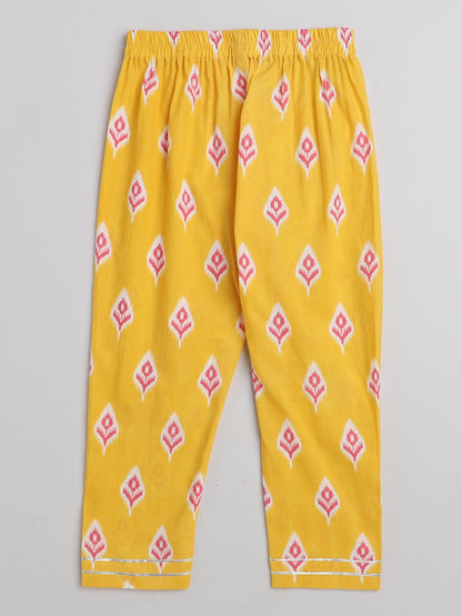Half Sleeves Ikat Printed & Gota Lace Embellished Tassel Detailed Gathered Aliya Cut Kurta With Coordinating Straight Pant -  Yellow