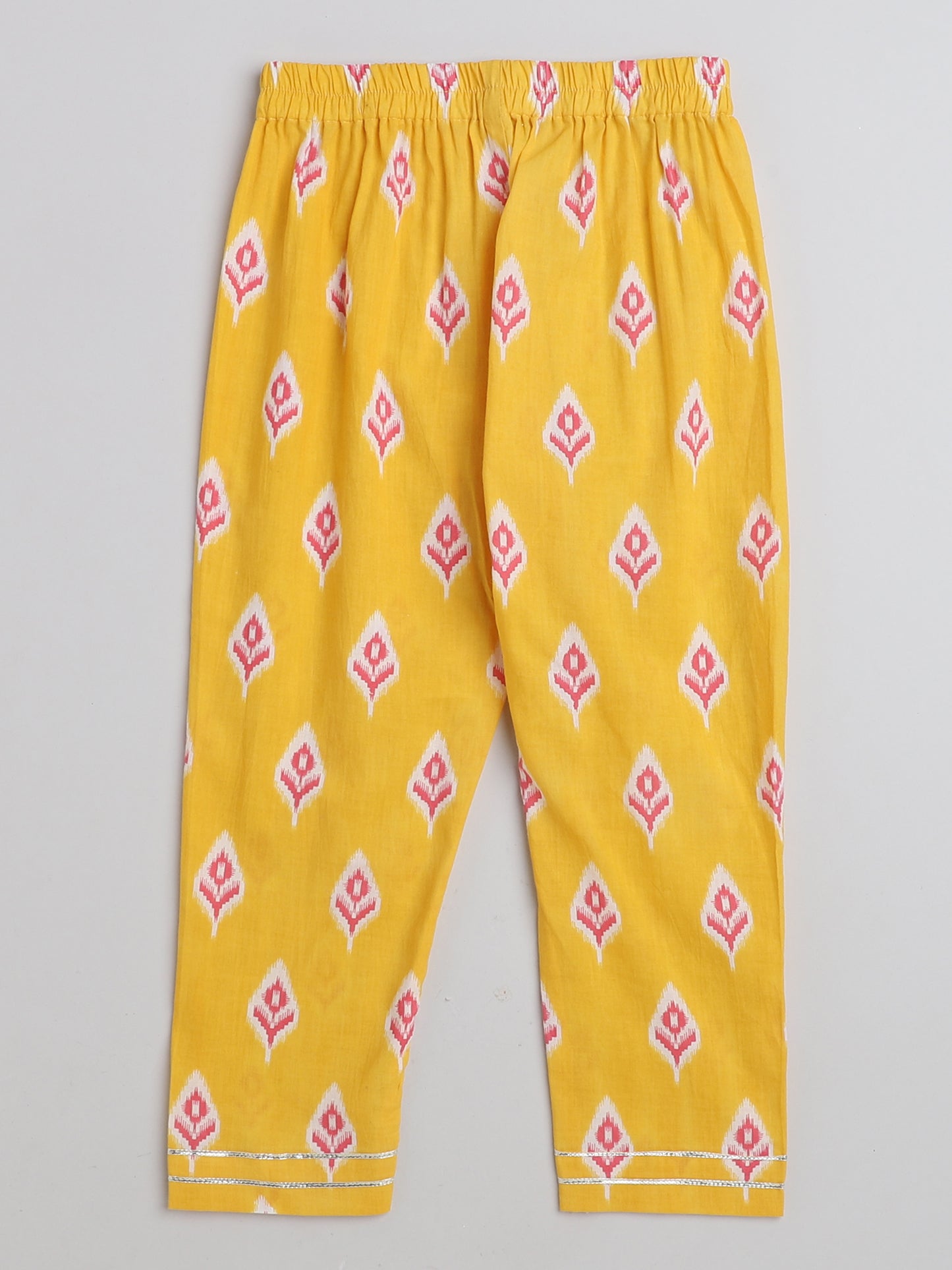 Ikat Printed Short Sleeve Tassled Gathered Aliya Cut Kurta with Straight Pants-Yellow