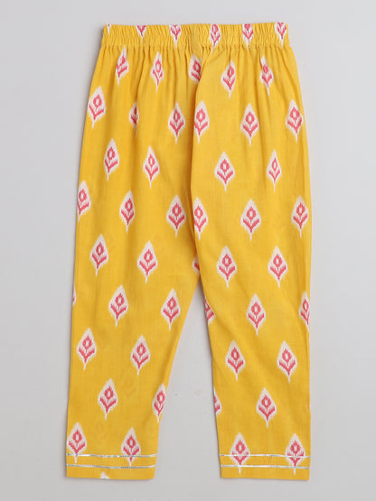 Ikat Printed Short Sleeve Tassled Gathered Aliya Cut Kurta with Straight Pants-Yellow