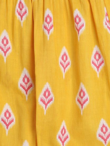 Ikat Printed Short Sleeve Tassled Gathered Aliya Cut Kurta with Straight Pants-Yellow