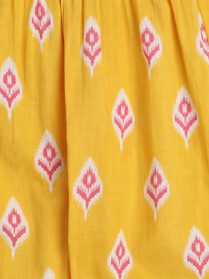 Half Sleeves Ikat Printed & Gota Lace Embellished Tassel Detailed Gathered Aliya Cut Kurta With Coordinating Straight Pant -  Yellow