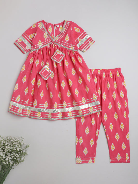 Ikat Printed Short Sleeve Tassled Gathered Aliya Cut Kurta with Straight Pants-Coral
