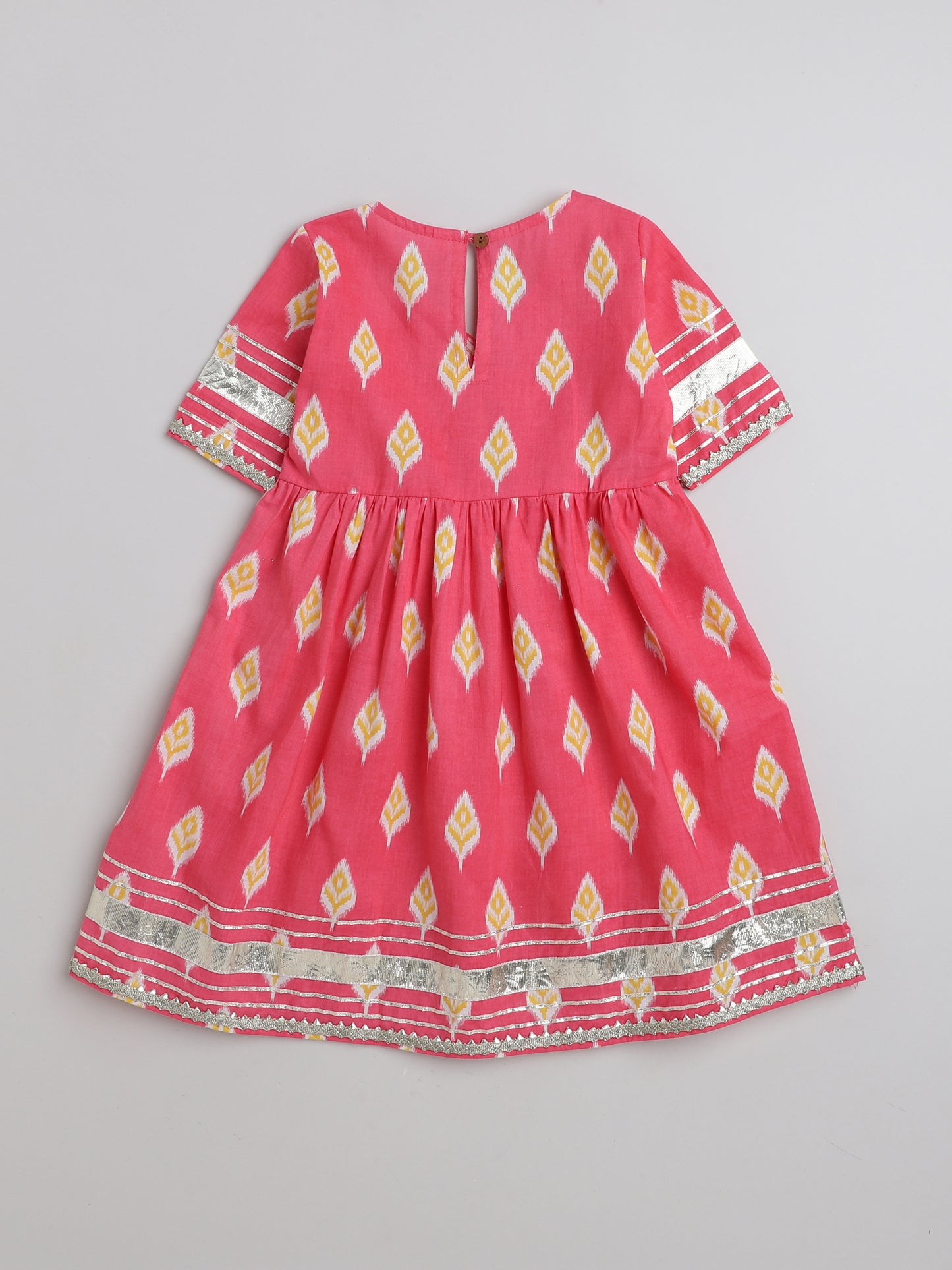 Ikat Printed Short Sleeve Tassled Gathered Aliya Cut Kurta with Straight Pants-Coral