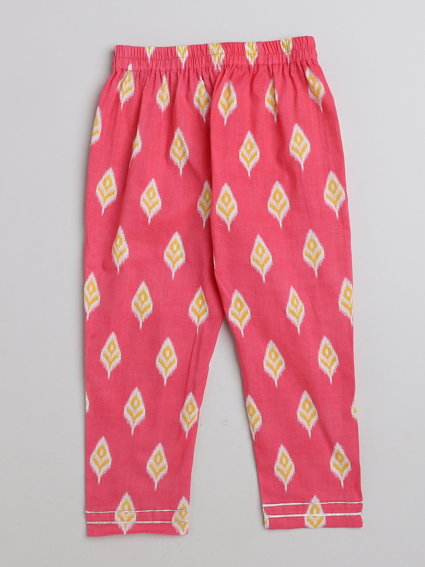 Ikat Printed Short Sleeve Tassled Gathered Aliya Cut Kurta with Straight Pants-Coral