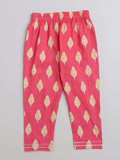 Ikat Printed Short Sleeve Tassled Gathered Aliya Cut Kurta with Straight Pants-Coral