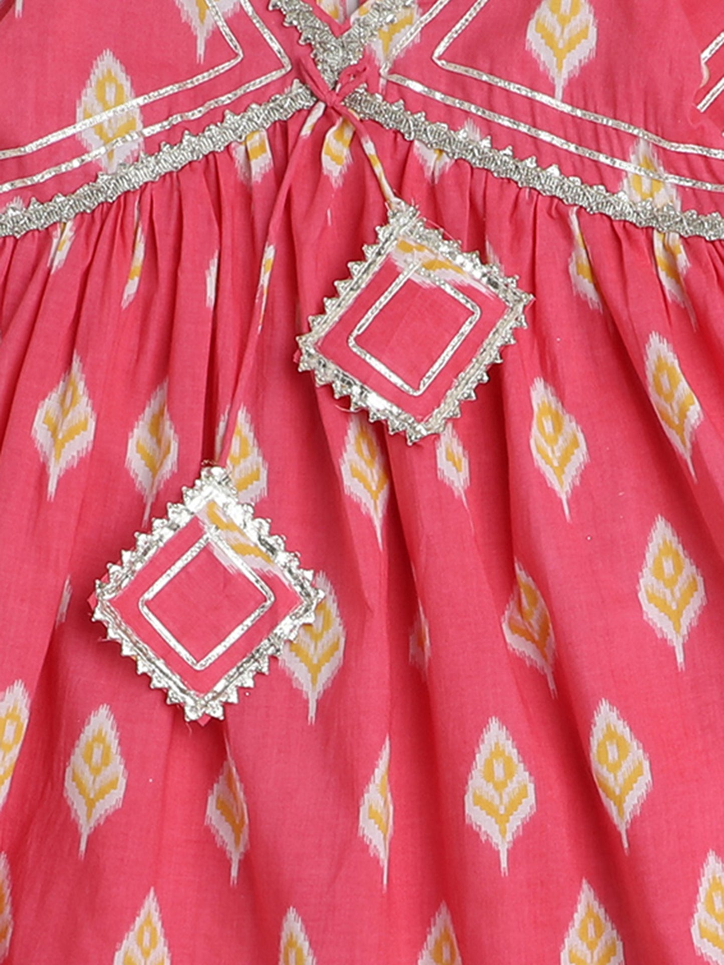 Ikat Printed Short Sleeve Tassled Gathered Aliya Cut Kurta with Straight Pants-Coral