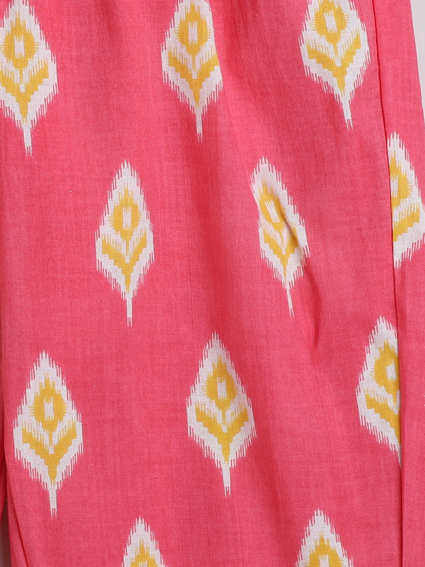 Ikat Printed Short Sleeve Tassled Gathered Aliya Cut Kurta with Straight Pants-Coral