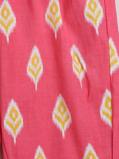 Ikat Printed Short Sleeve Tassled Gathered Aliya Cut Kurta with Straight Pants-Coral