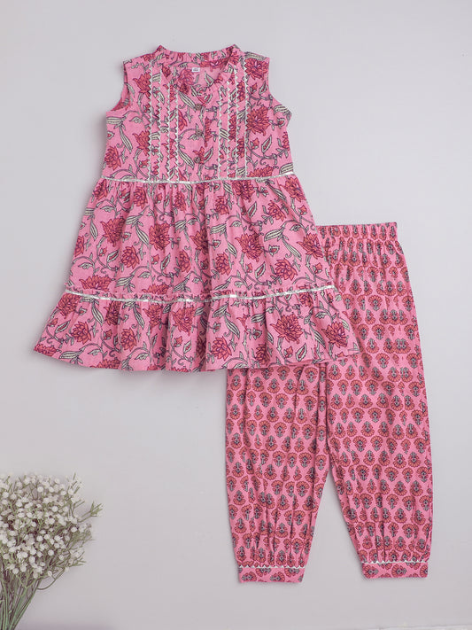 All Over Printed Sleeveless Gathered Top With Afhgani Pants For Girls-Pink
