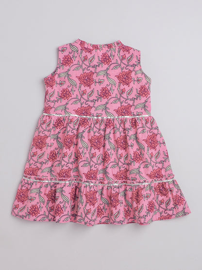 All Over Printed Sleeveless Gathered Top With Afhgani Pants For Girls-Pink