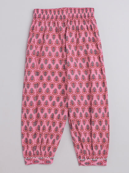 All Over Printed Sleeveless Gathered Top With Afhgani Pants For Girls-Pink
