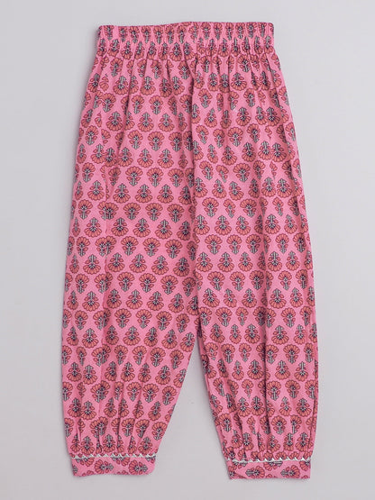 Sleeveless Floral Printed & Gota Lace Embellished  Gathered Top With Afghani Pants - Pink