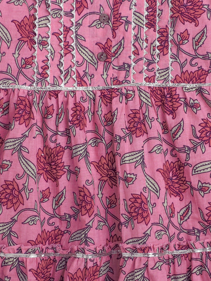 Sleeveless Floral Printed & Gota Lace Embellished  Gathered Top With Afghani Pants - Pink