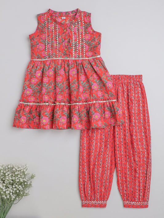 All Over Printed Sleeveless Gathered Top With Afghani Pants For Girls-Red