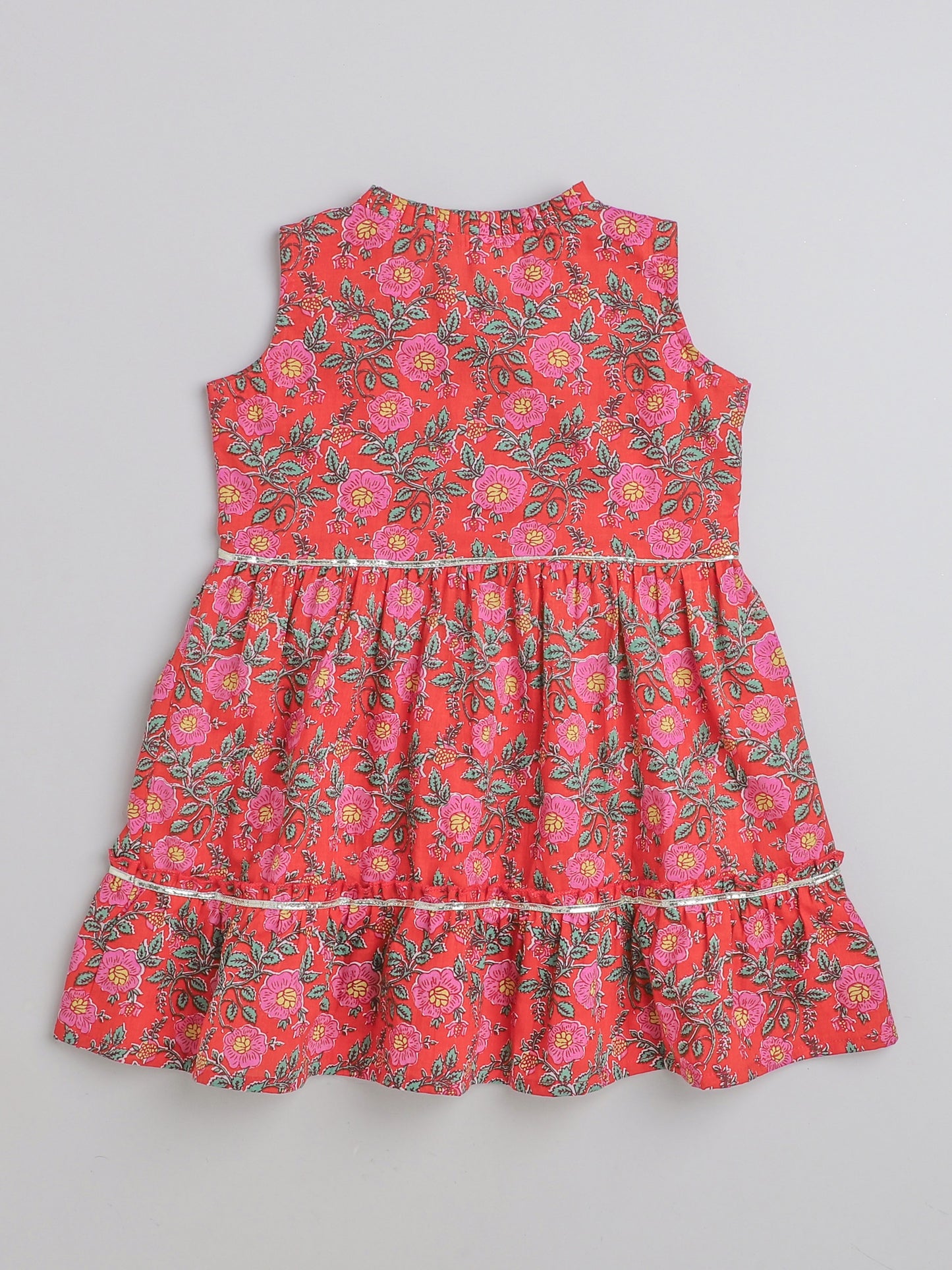 All Over Printed Sleeveless Gathered Top With Afghani Pants For Girls-Red