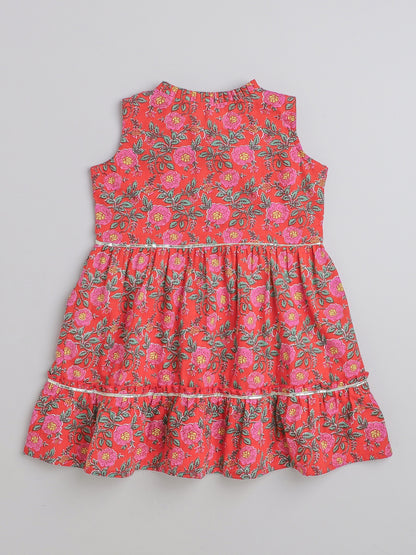 All Over Printed Sleeveless Gathered Top With Afghani Pants For Girls-Red