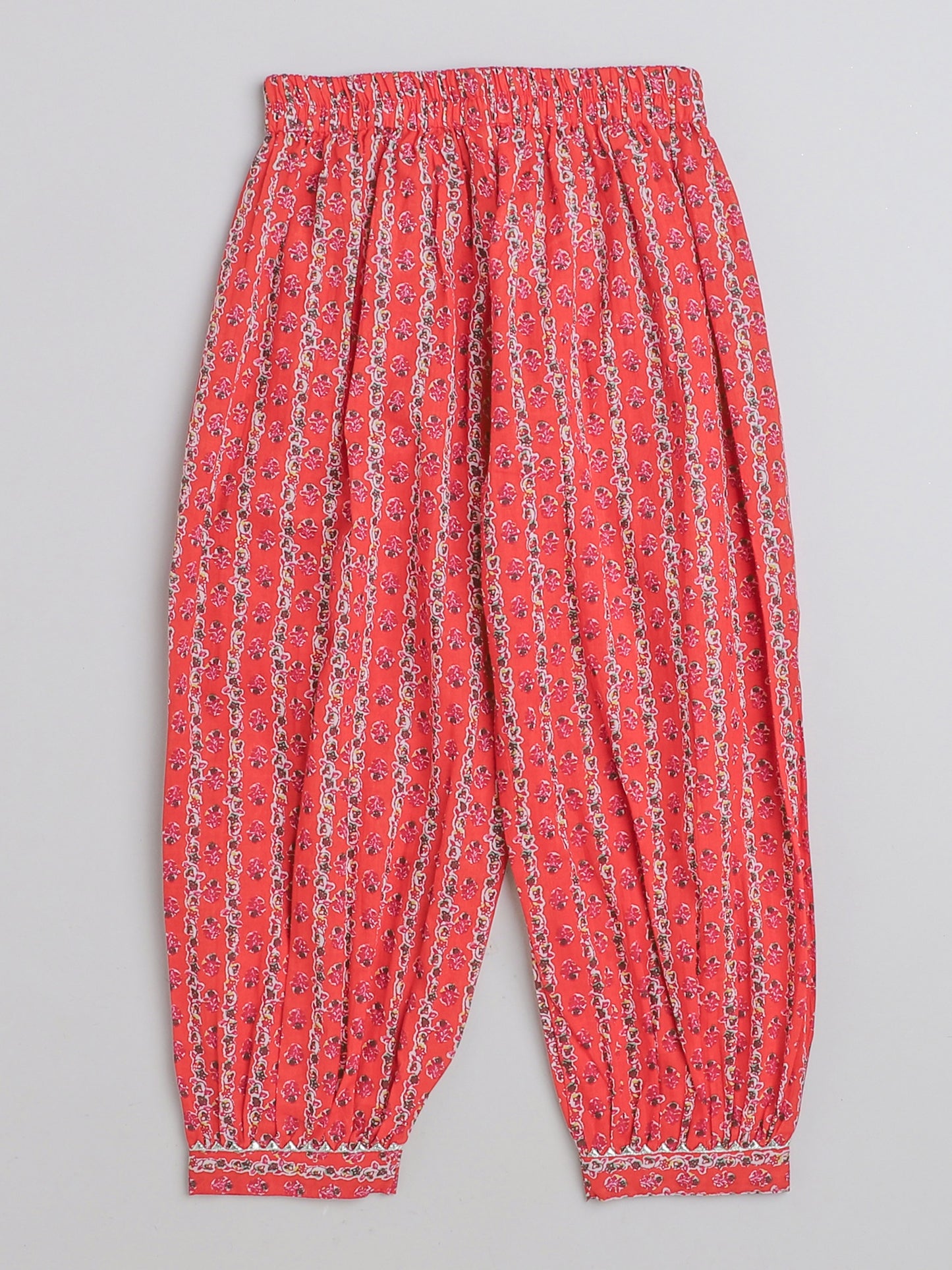 All Over Printed Sleeveless Gathered Top With Afghani Pants For Girls-Red