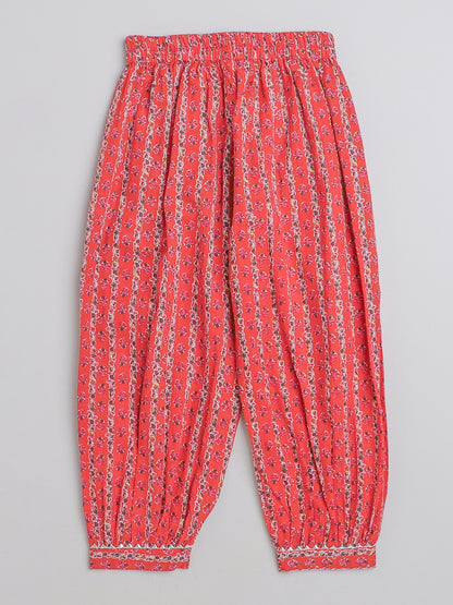 All Over Printed Sleeveless Gathered Top With Afghani Pants For Girls-Red