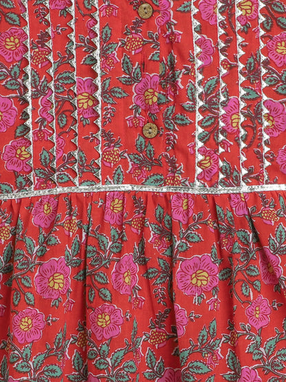 All Over Printed Sleeveless Gathered Top With Afghani Pants For Girls-Red