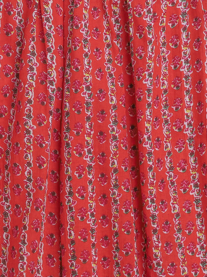 All Over Printed Sleeveless Gathered Top With Afghani Pants For Girls-Red