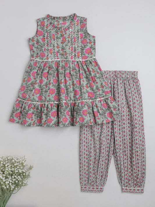 All Over Printed Sleeveless Gathered Top With Afhgani Pants For Girls-Mint
