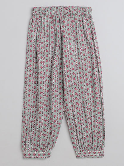All Over Printed Sleeveless Gathered Top With Afhgani Pants For Girls-Mint