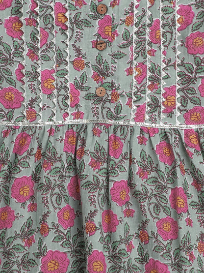 All Over Printed Sleeveless Gathered Top With Afhgani Pants For Girls-Mint