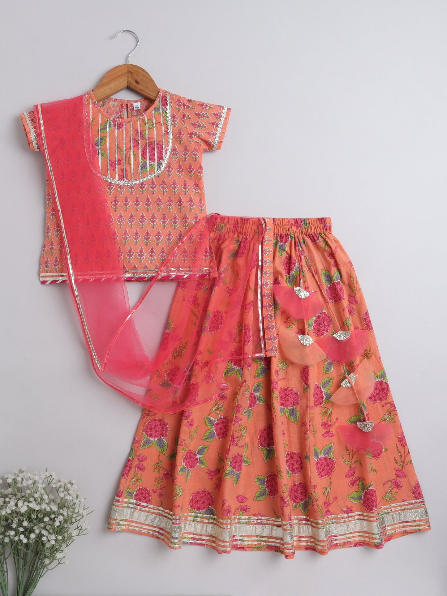 Half Sleeves Floral  Motif Printed &  Gota Lace Embellished With Tassel Detailed Choli & Lehenga With  Dupatta Set - Peach