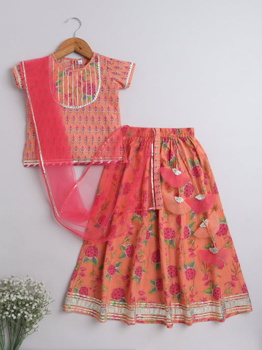Half Sleeves Floral  Motif Printed &  Gota Lace Embellished With Tassel Detailed Choli & Lehenga With  Dupatta Set - Peach