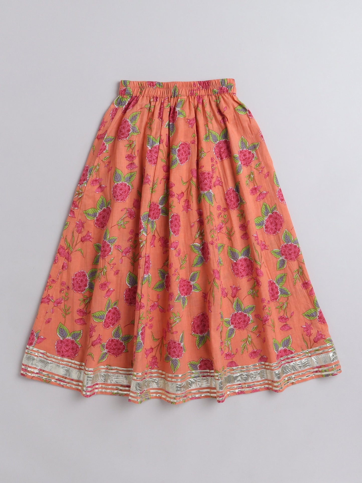 Half Sleeves Floral  Motif Printed &  Gota Lace Embellished With Tassel Detailed Choli & Lehenga With  Dupatta Set - Peach